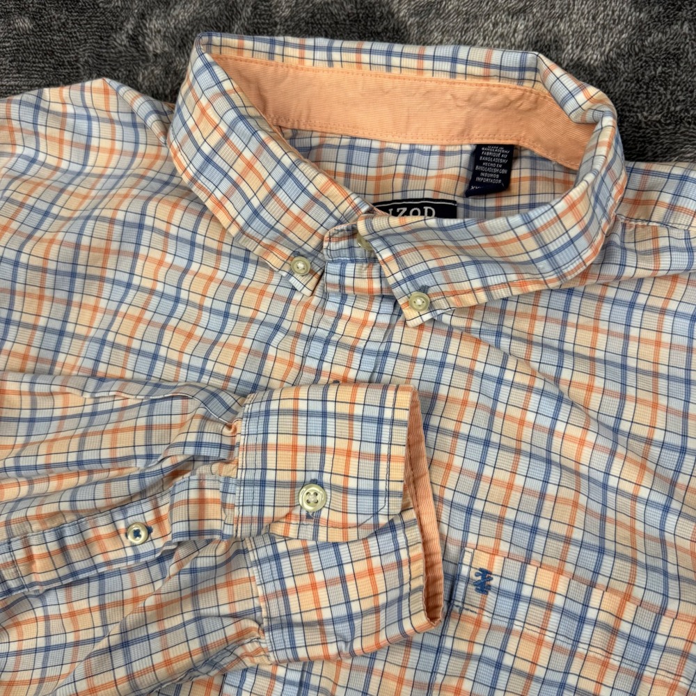 IZOD Button Down Shirt Mens XXL Blue Orange Plaid Premium Essentials Long Sleeve
